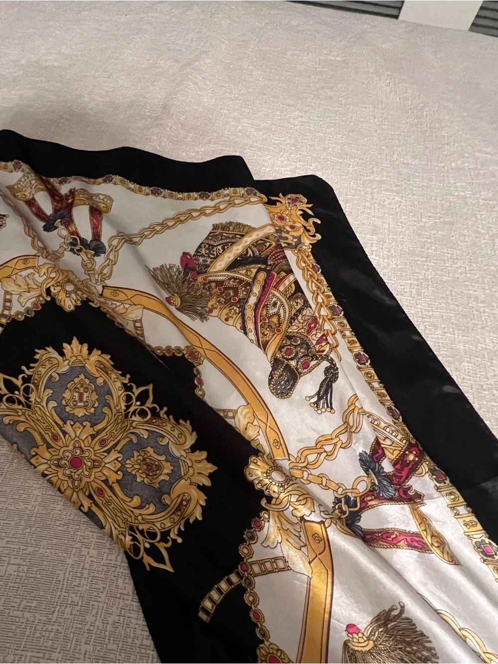 36” Scarf: Silk-Feel Baroque Print Scarf in Black, Gold & Cream